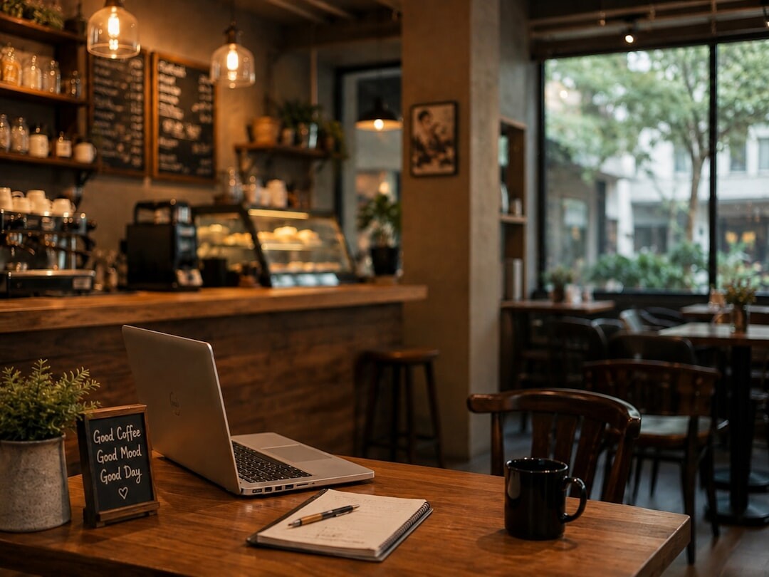 young professional working on laptop at cafe